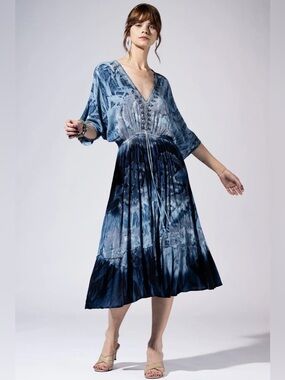 Riverbend V-Neck Blue Rayon Tie-Dye Midi Dress
